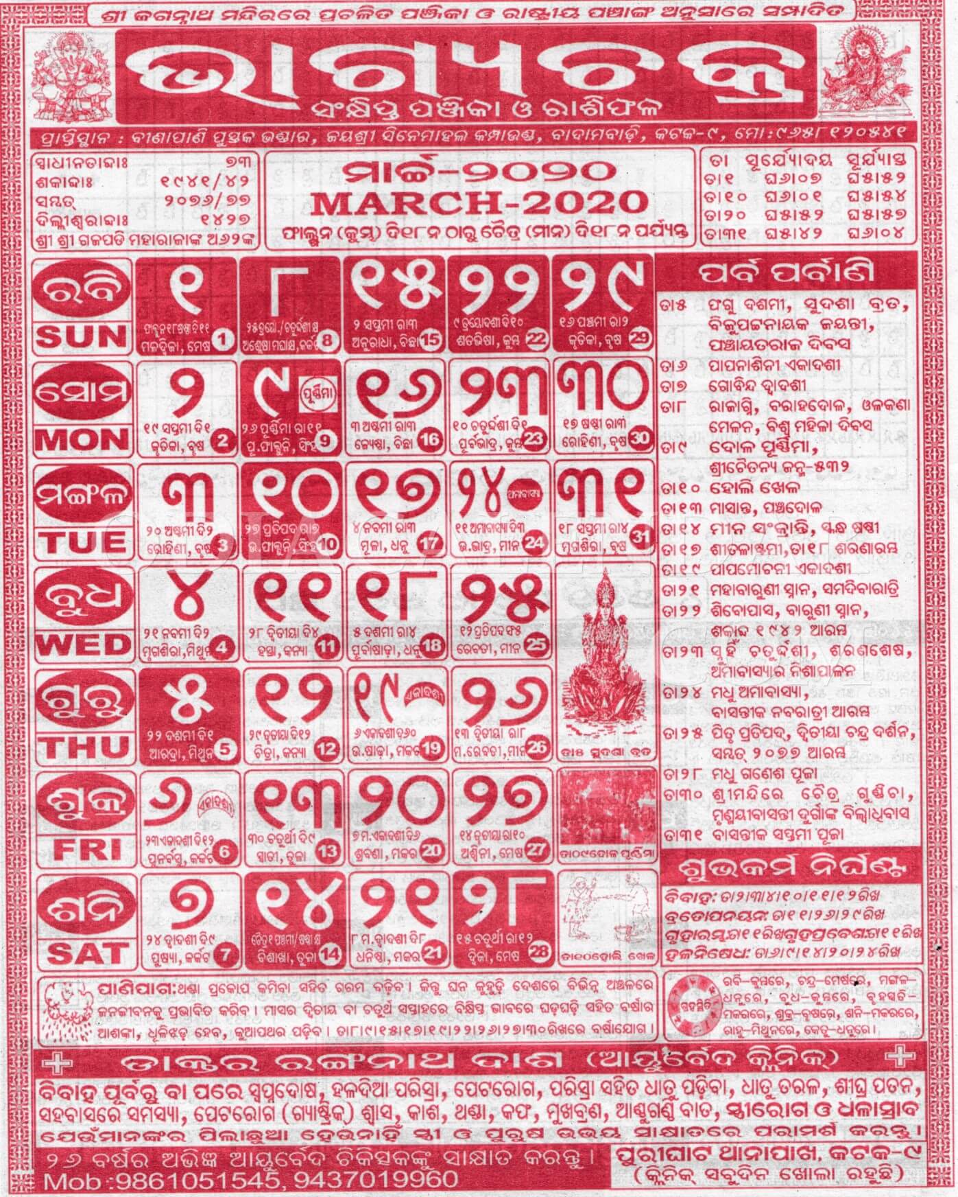 bhagyachakra calendar march 2020