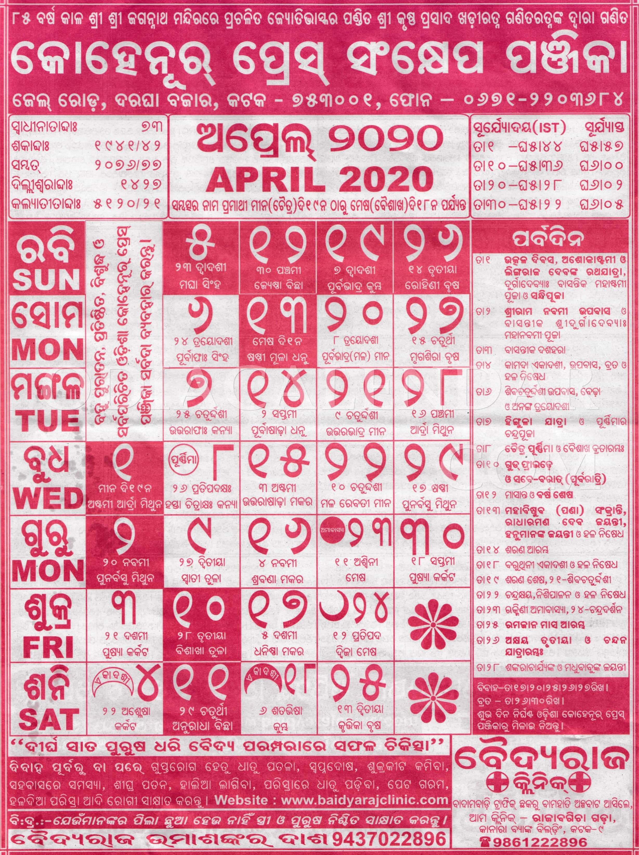 Kohinoor Calendar 2020 April