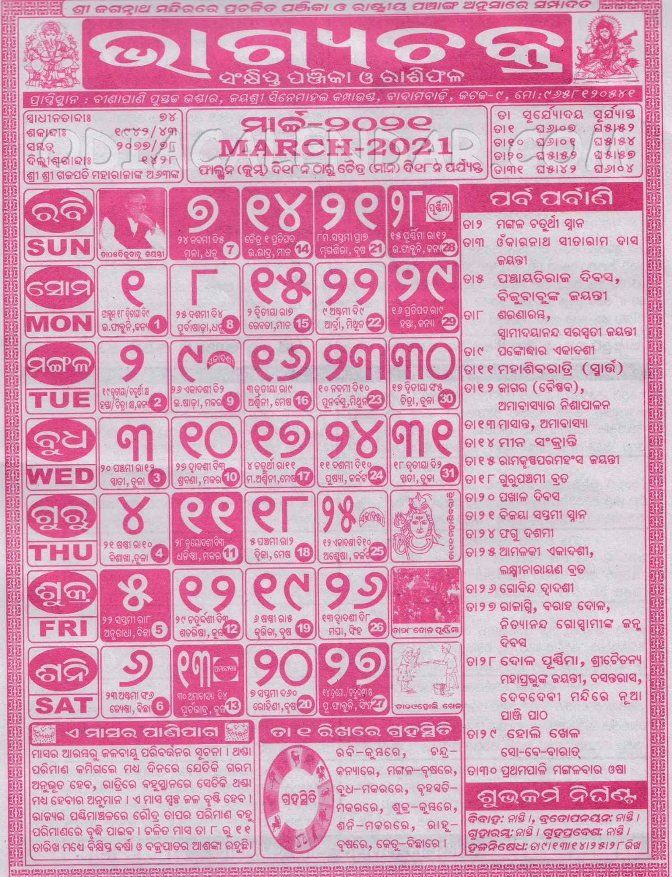 Bhagyachakra Calendar 2021 March