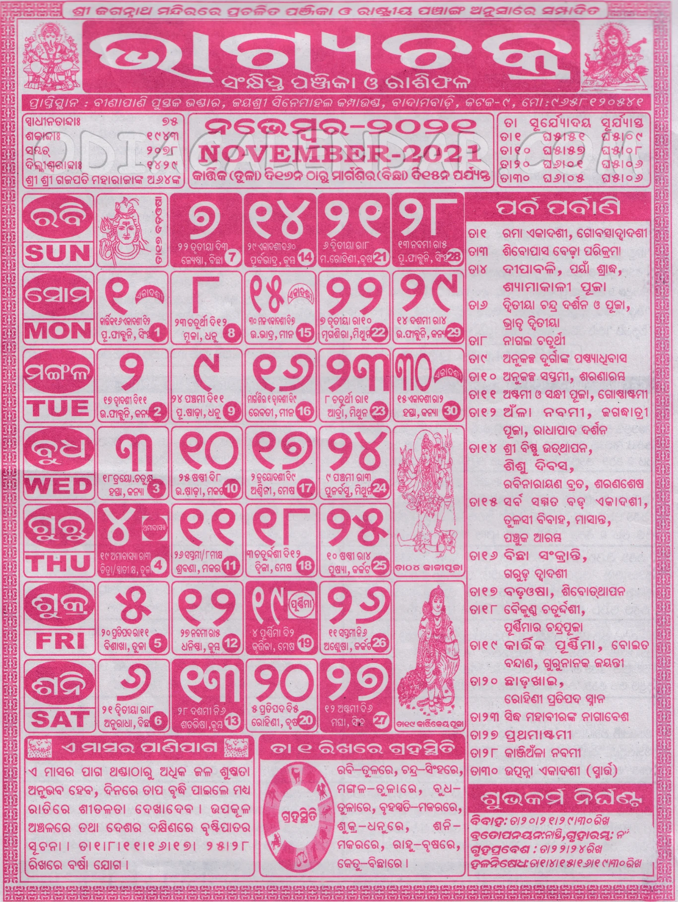 Bhagyachakra Calendar 2021 November
