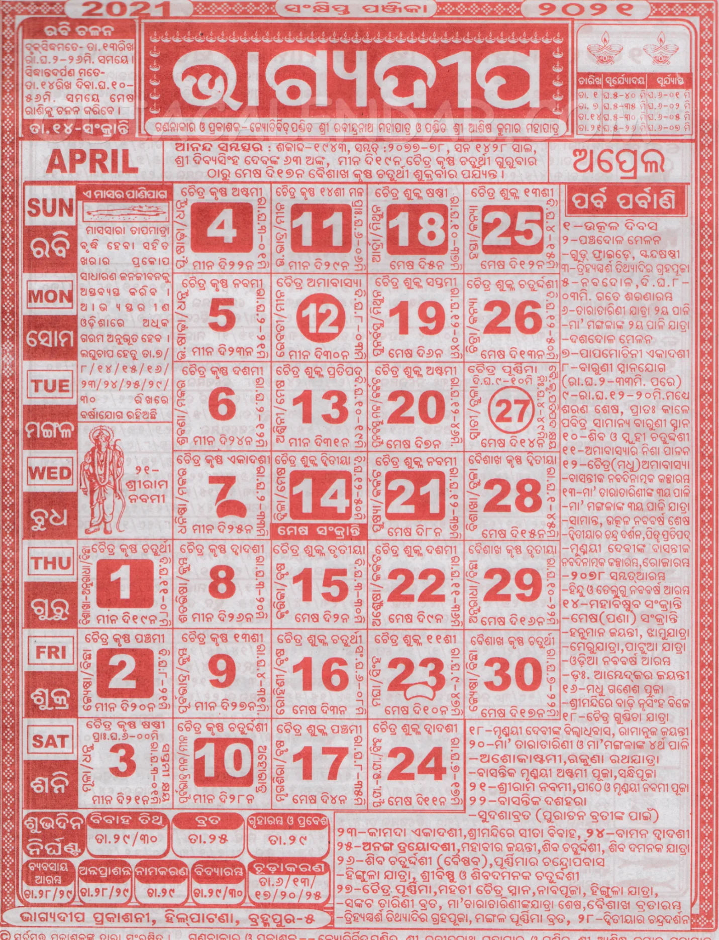 Bhagyadeep Calendar 2021 April