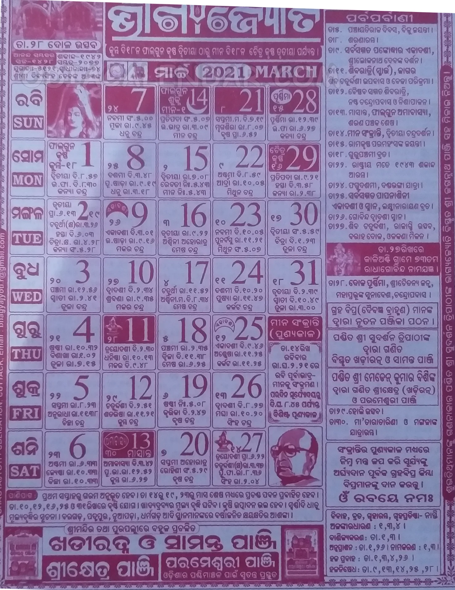 Bhagyajyoti Calendar 2021 March