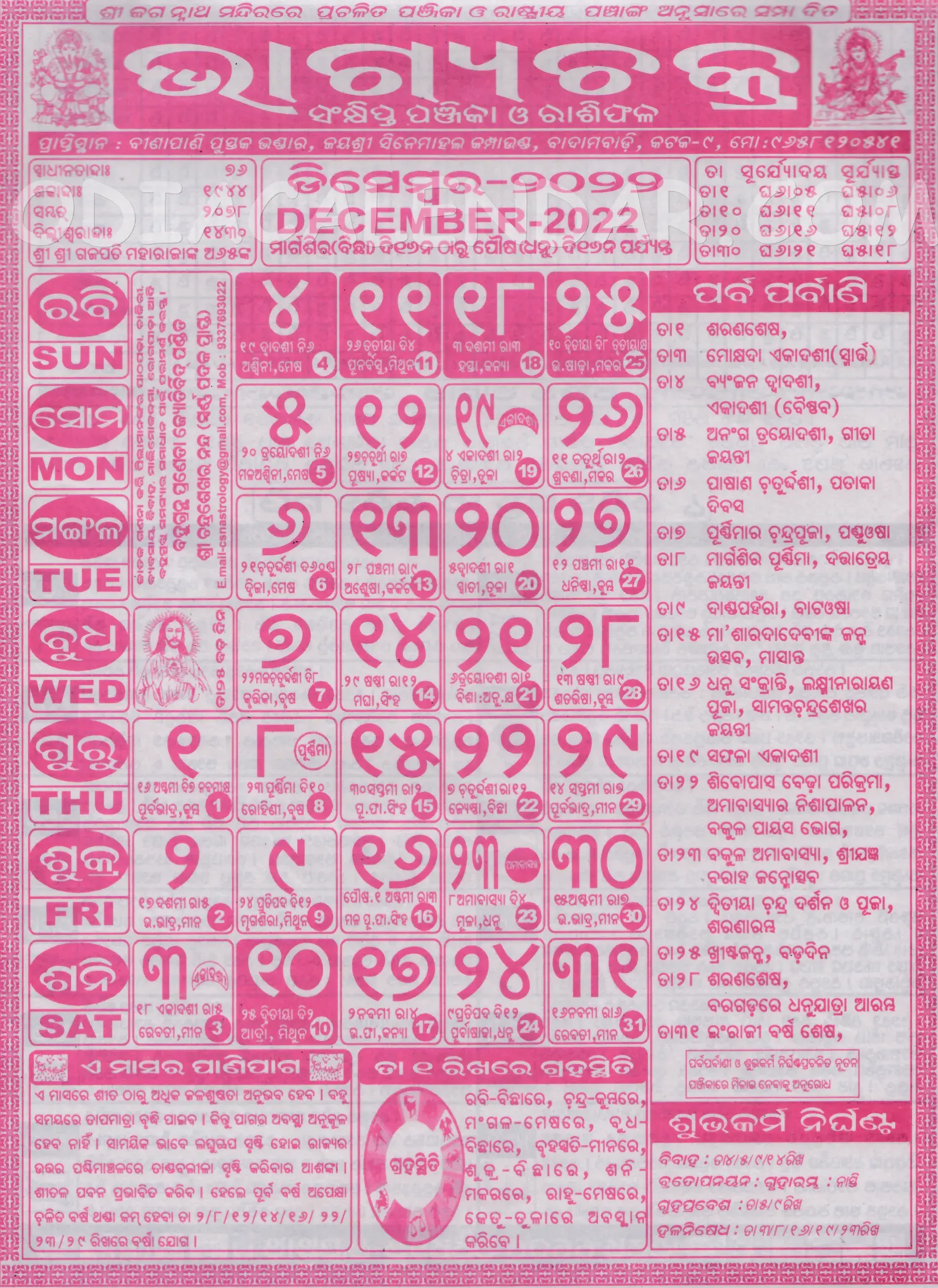 bhagyachakra calendar december 2022