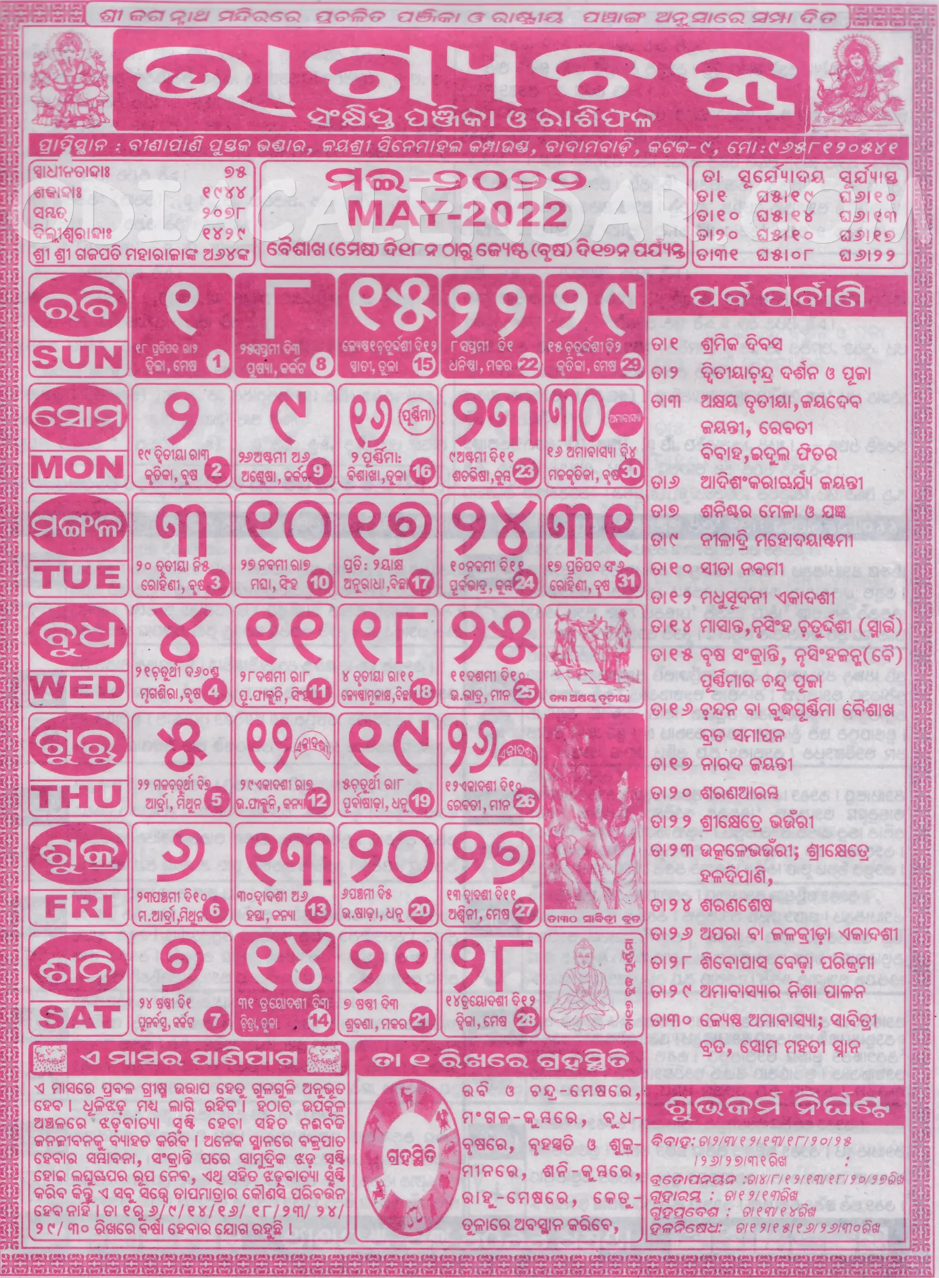 Bhagyachakra Calendar 2022 May