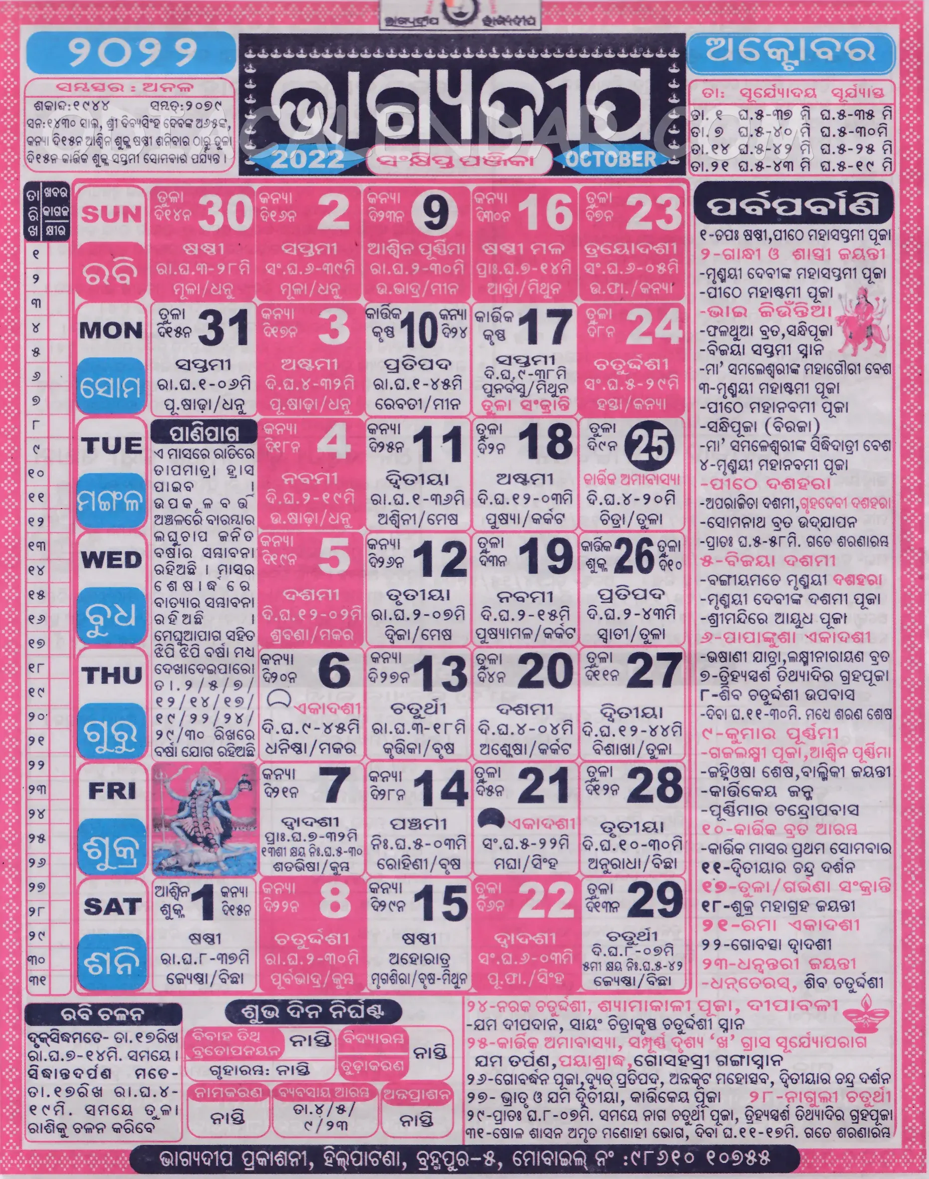 Bhagyadeep Calendar 2022 October
