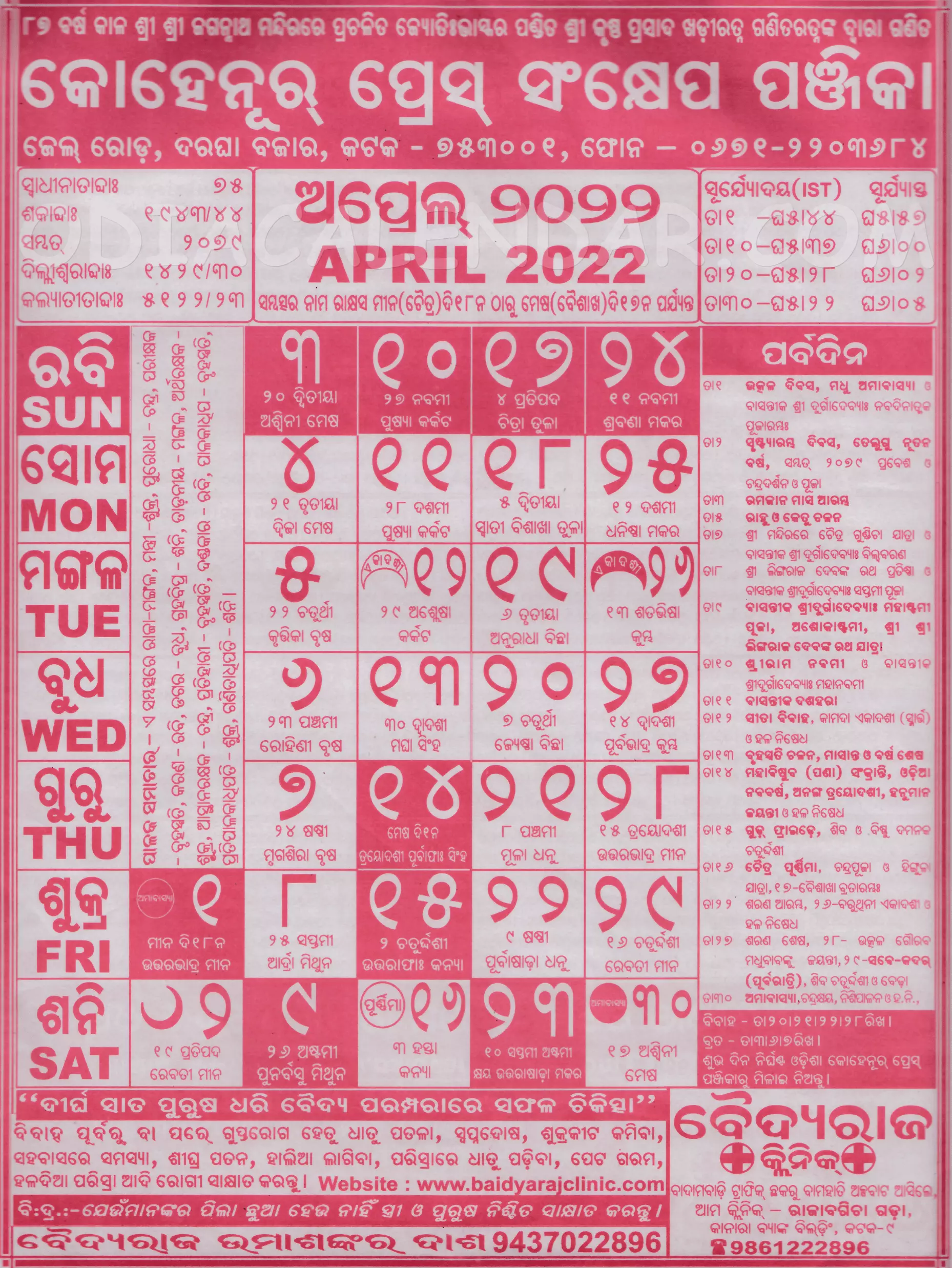 Kohinoor Calendar 2022 April
