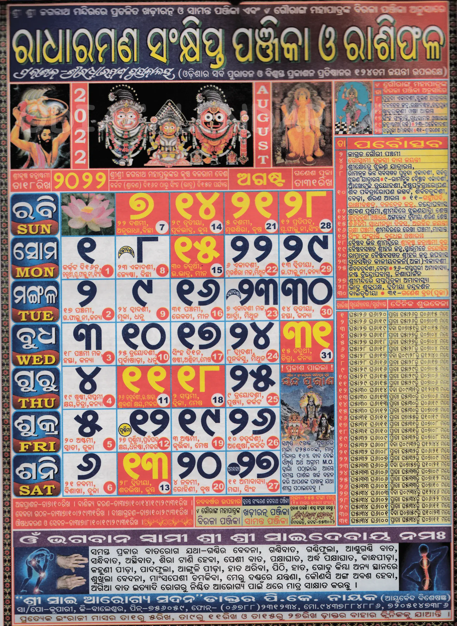 Radharaman Calendar 2022 August