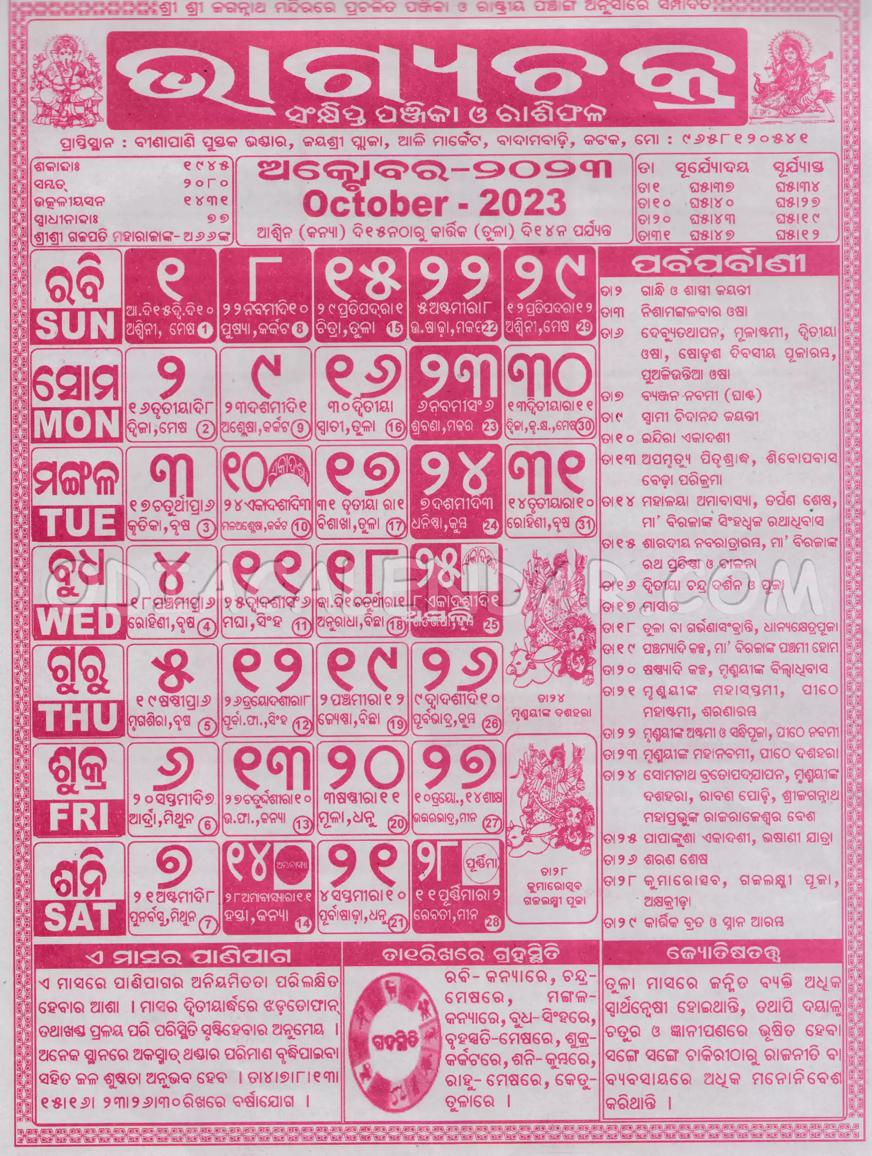 Bhagyachakra Calendar 2023 October