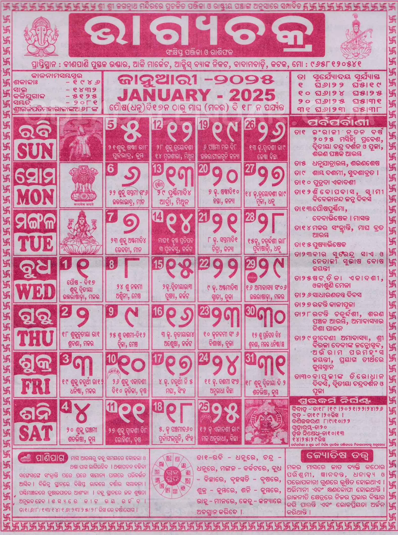 Bhagyachakra Calendar 2025 January