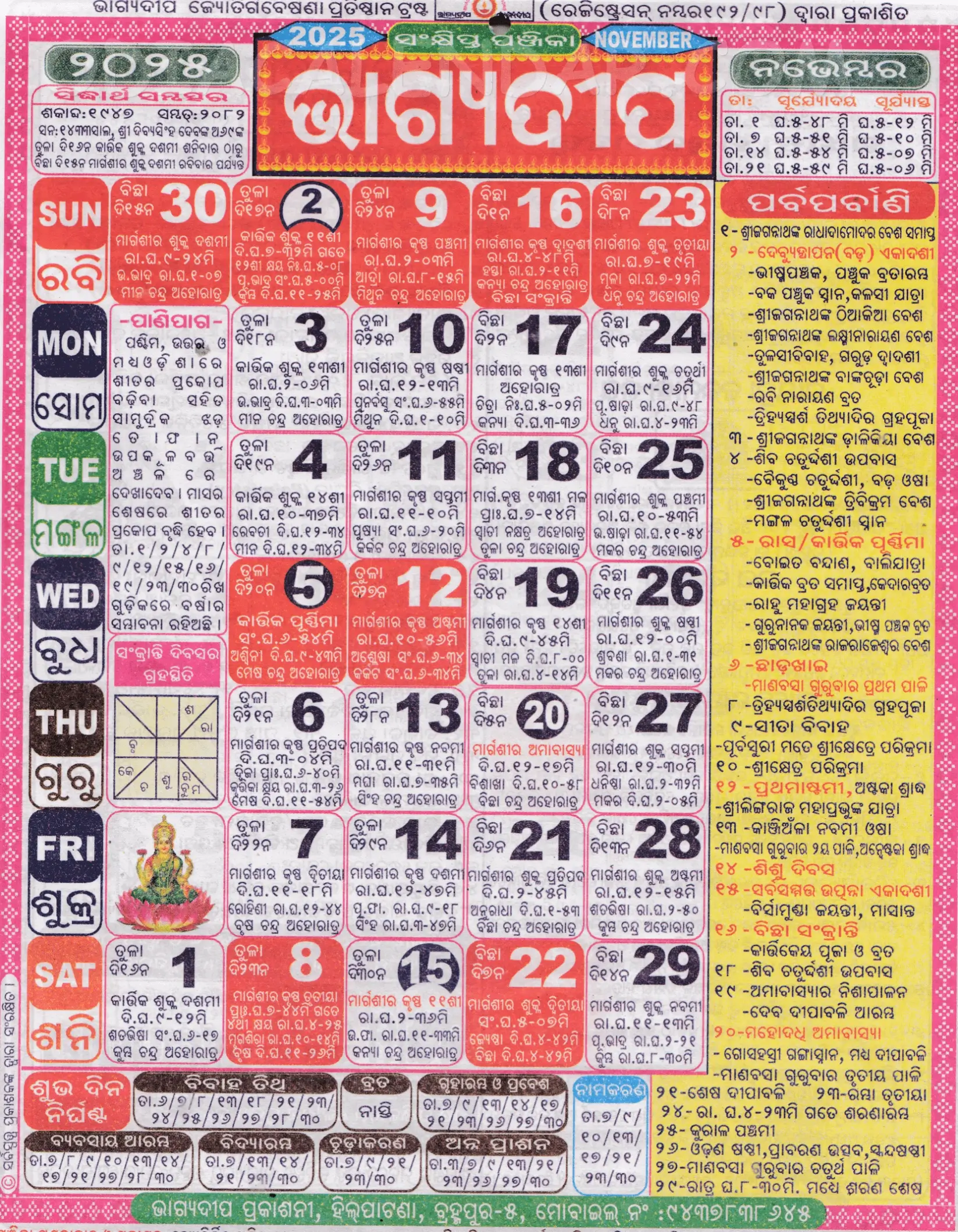 Bhagyadeep Calendar 2025 November