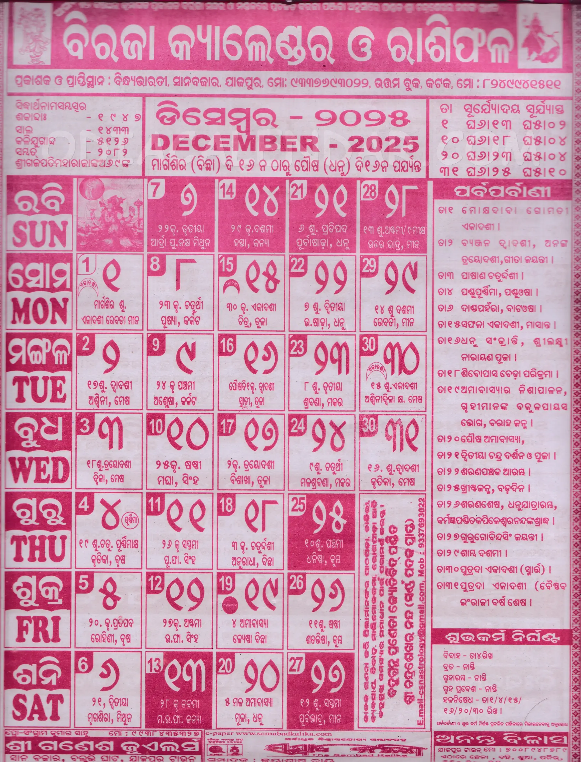 Biraja Calendar 2025 January 