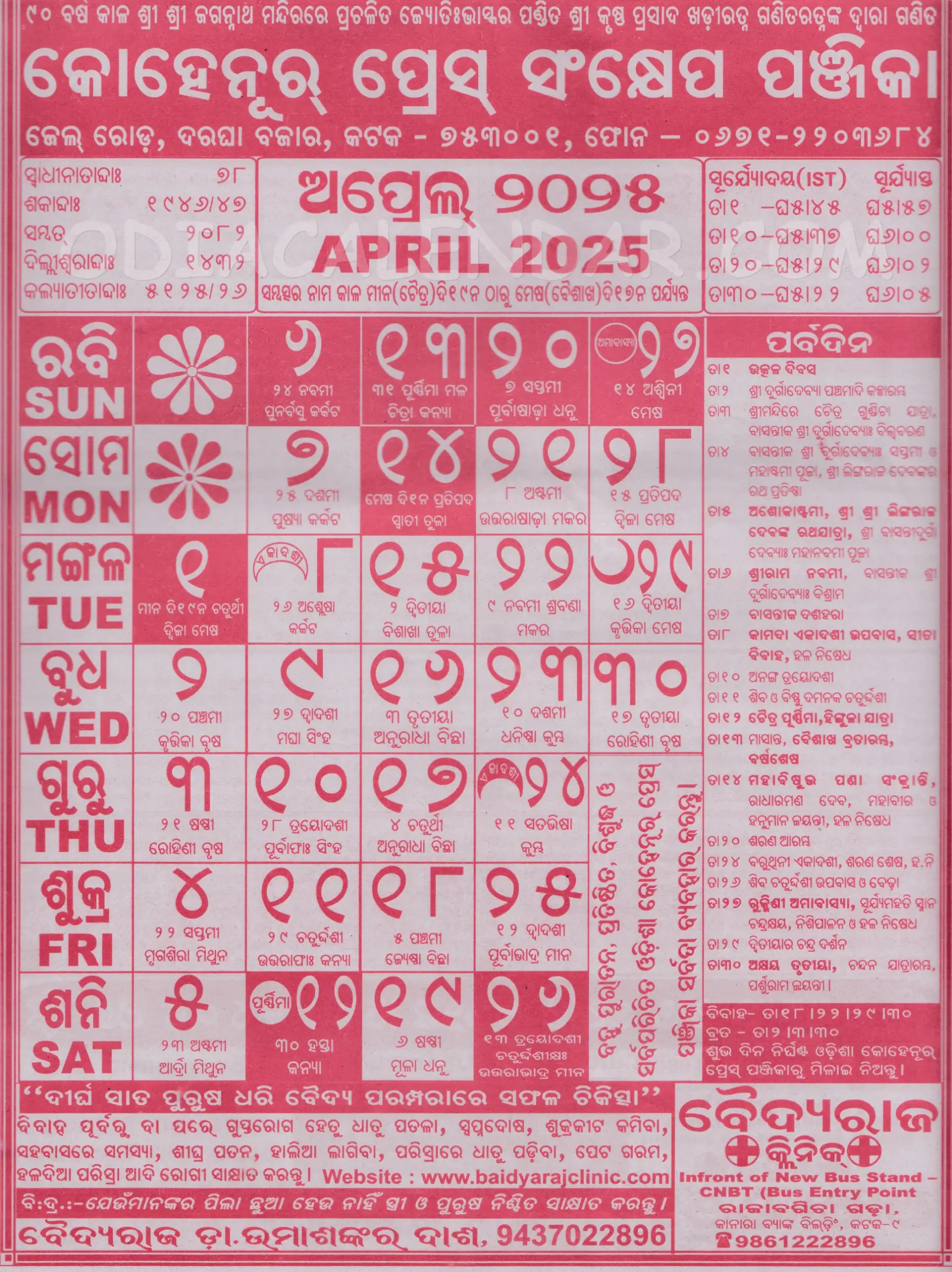 Kohinoor Calendar 2025 April